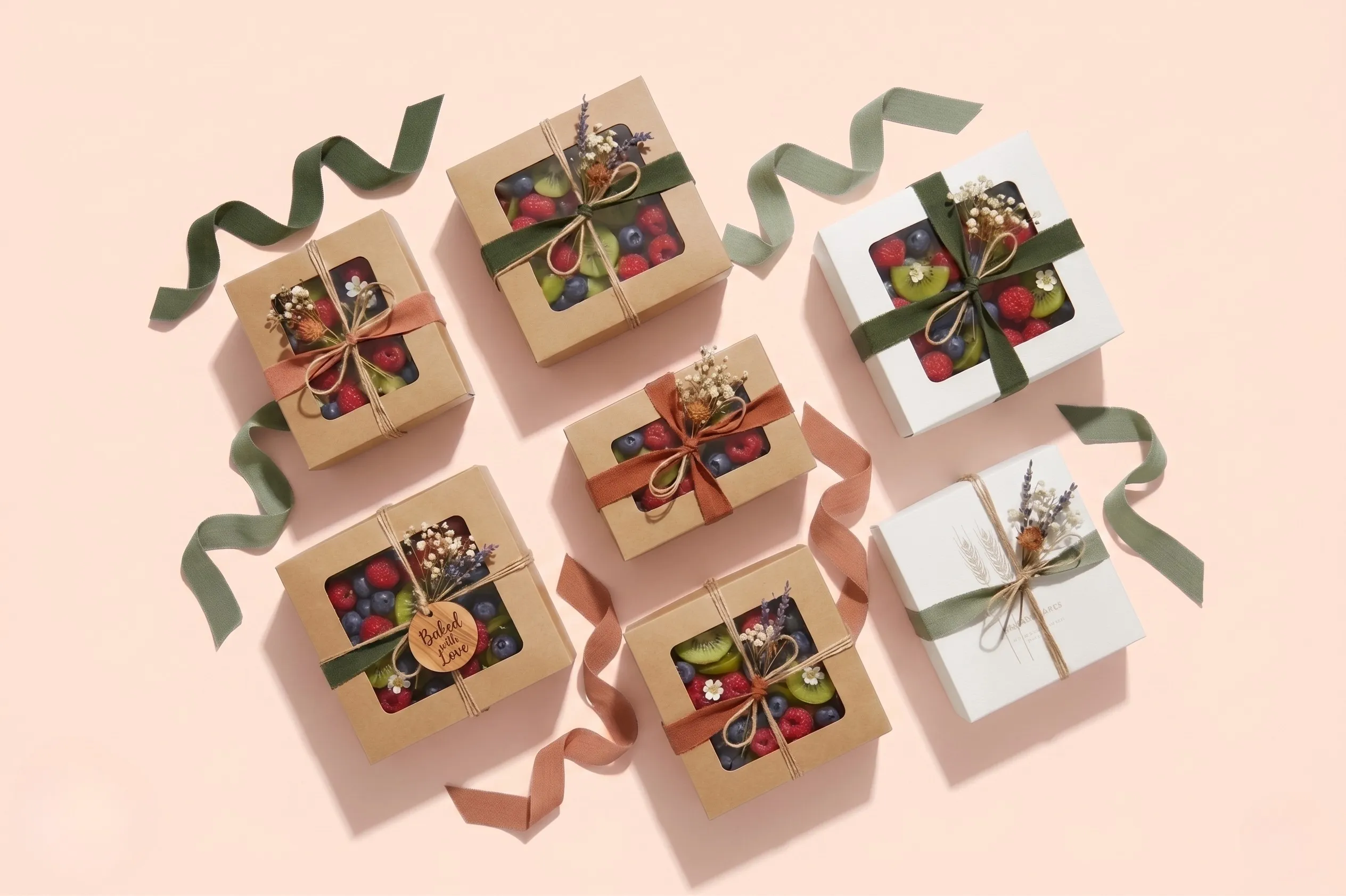 Kraft and white bakery boxes for food delivery